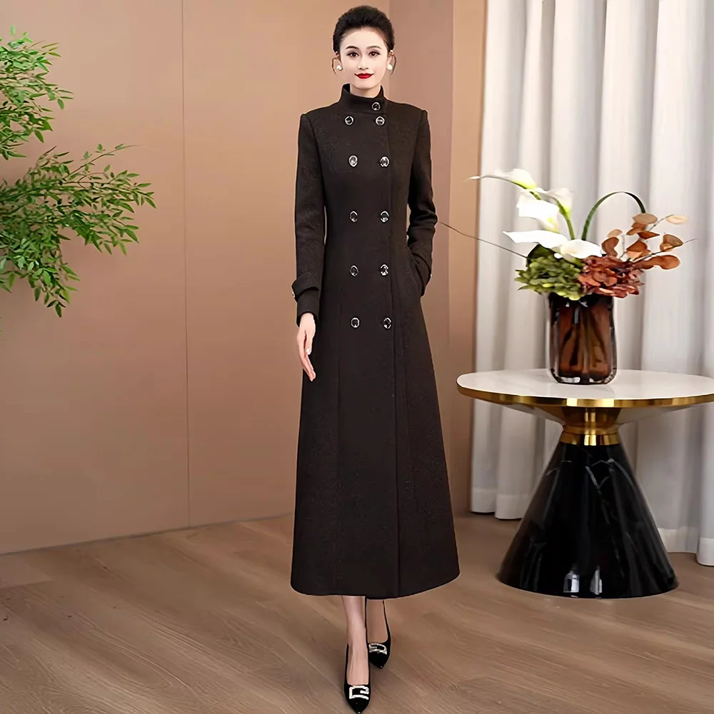 New Women Wool Blends Coat Spring Autumn Fashion Stand Collar Double Breasted Slim Woolen Coat Elegant Gentlewomen Long Coat