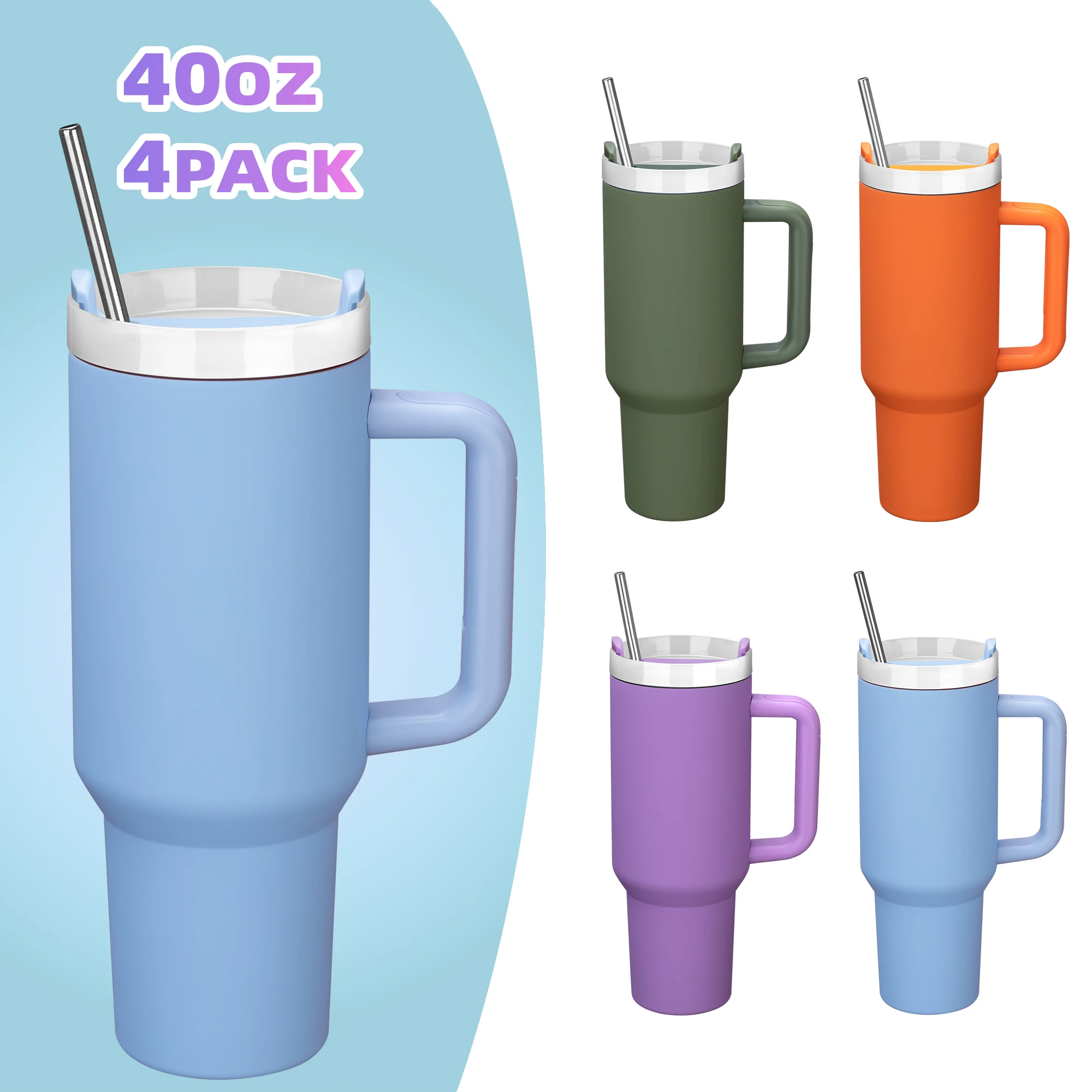 

4Pack 40 OZ Tumblers Removable Handle and Straw Cap,Stainless Steel Vacuum Lnsulated Ice Cup，for Women Men Lover Car Gym Travel