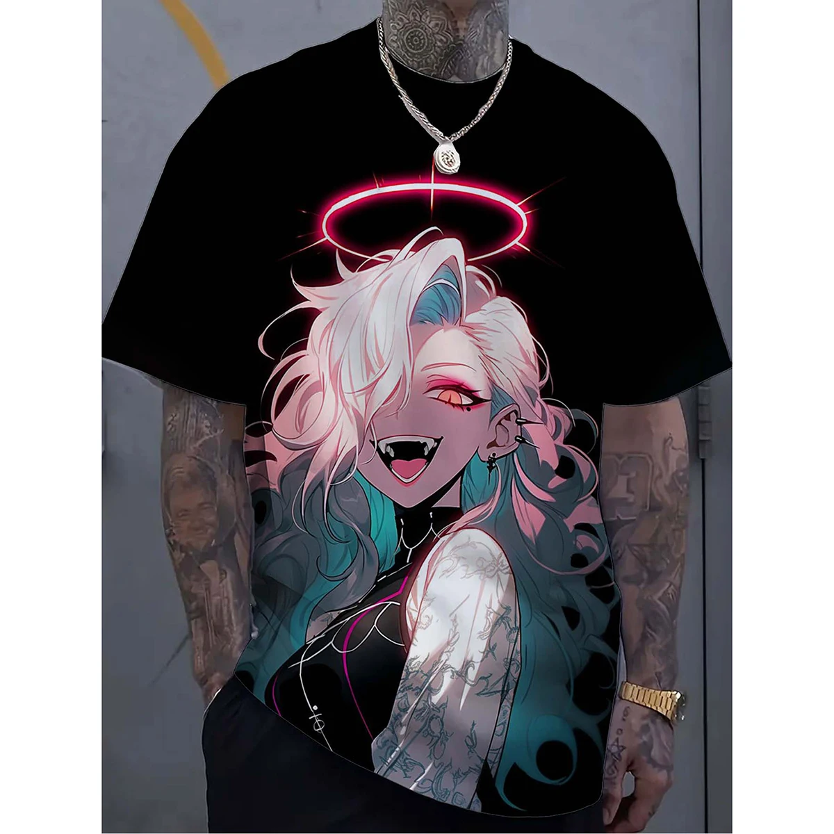 Men's Harajuku style T-shirt 3D cartoon tattoo girl print short sleeved casual trendy street men's top