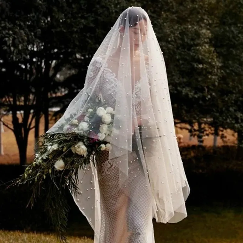 ไข่มุกสีขาวงาช้างยาวผ้าคลุมหน้าเจ้าสาวด้วยหวี One Layer Cathedral Wedding Veil ไข่มุก Velos de Noiva ลูกปัดคริสตัล 3 เมตร