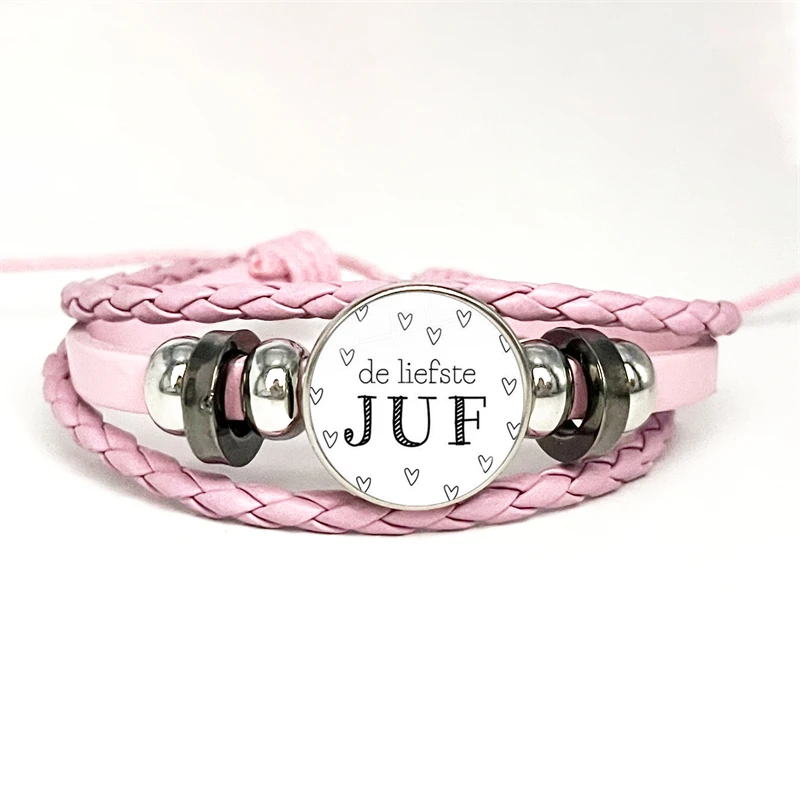 VOOR DE Liefste Juf Sleutelhanger Pink Leather Bracelets Anneau Porte Clef Bedankt Juf Cadeau Letter Thank You Dear Teacher Gift