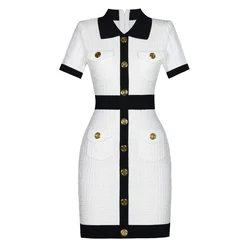 SML Spot 2024 Europe and the United States Summer New Lapel Skirt Swastika Waist Slim Short Sleeve Knit Dress Women