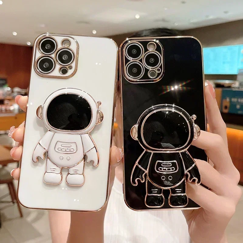 Suporte do anel do astronauta 3D Estojo macio para iPhone, capa traseira luxuosa, dobrável, chapeamento, 14, 13 Pro Max, 12 Plus, 2023
