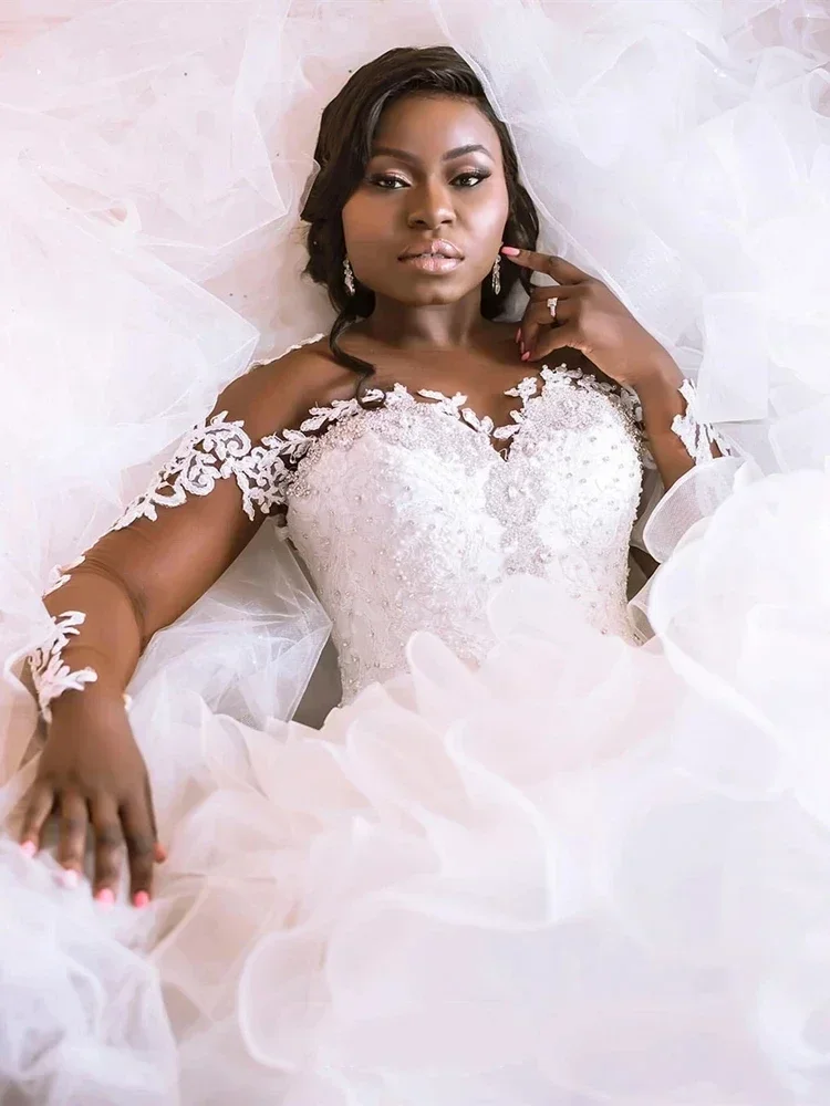 تخصيص ToP بيع طويلة الأكمام كشكش حورية البحر الأفريقية الأورجانزا الخرز شير فستان العروس الدانتيل قطار كبير ثوب الزفاف