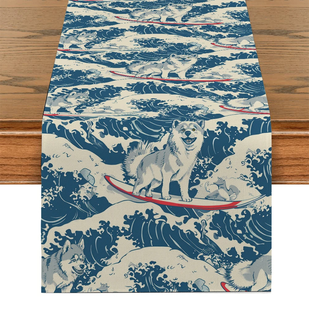 Wave Ukiyo-e Watercolor Table Runner Polyester Table Runners for Dining Room Cottagecore Polyester Table