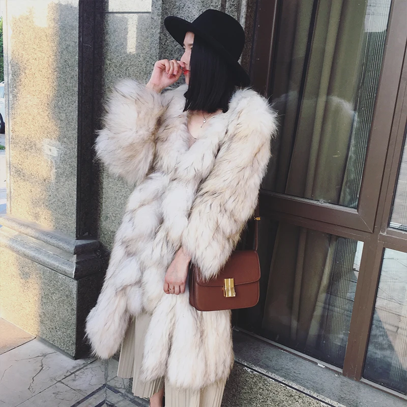 Harppihop fu Real Fox Fur Coat Genuine Leather Knitted Raccoon Dog Fur Thick Warm Fox Coat Women Fur Coats With Fur Knitted Coat