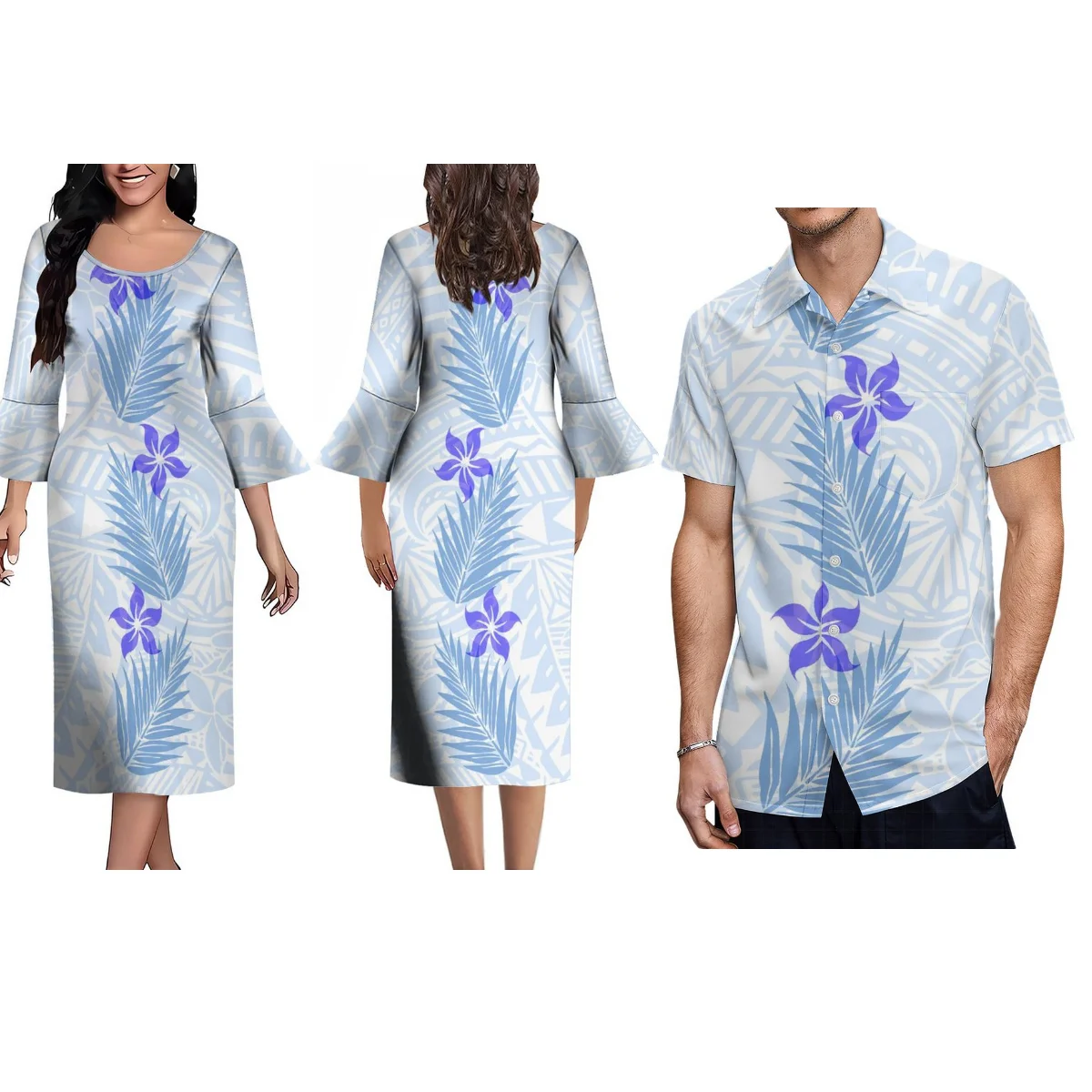 

Custom High Quality Flared Sleeve Dress Women'S Party Sheath Maxi Dress With Men'S Aloha Shirt Polynesian Island Design