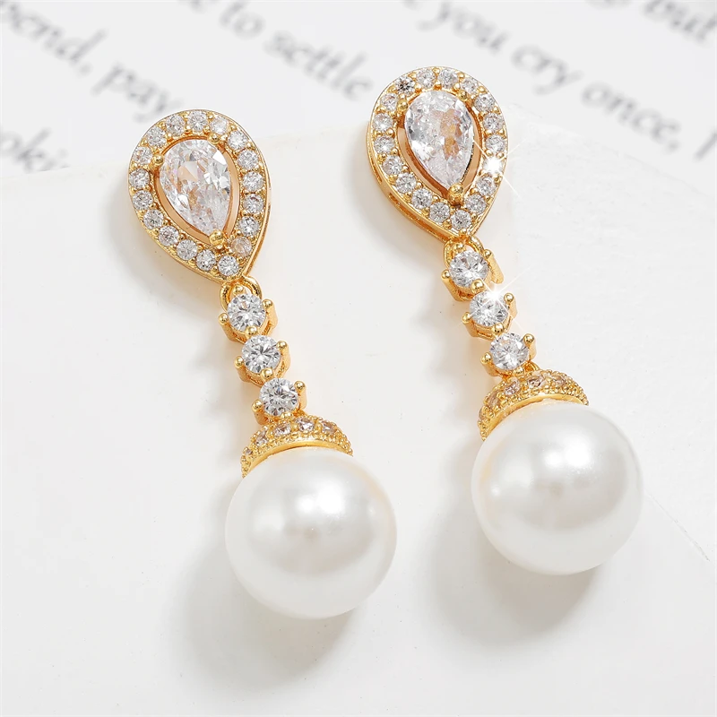 ZAKOL Elegant Round Imitation Pearl Earrings for Women Korean Fashion Water Drop CZ Bridal Earring Wedding Jewelry