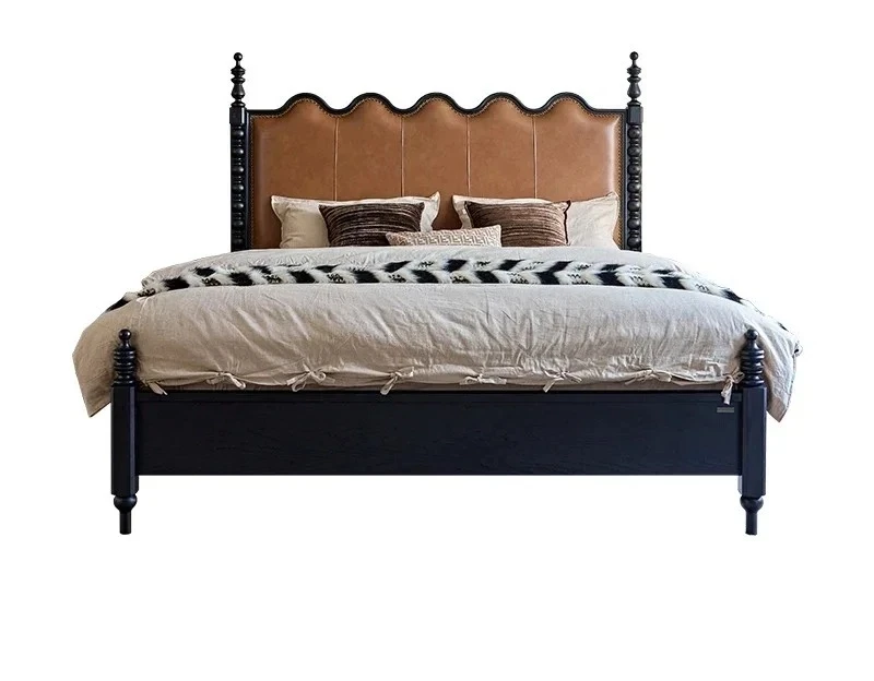 

French retro solid wood bed leather soft bag ripple bed 1.8 meters double master bedroom big bed American medieval