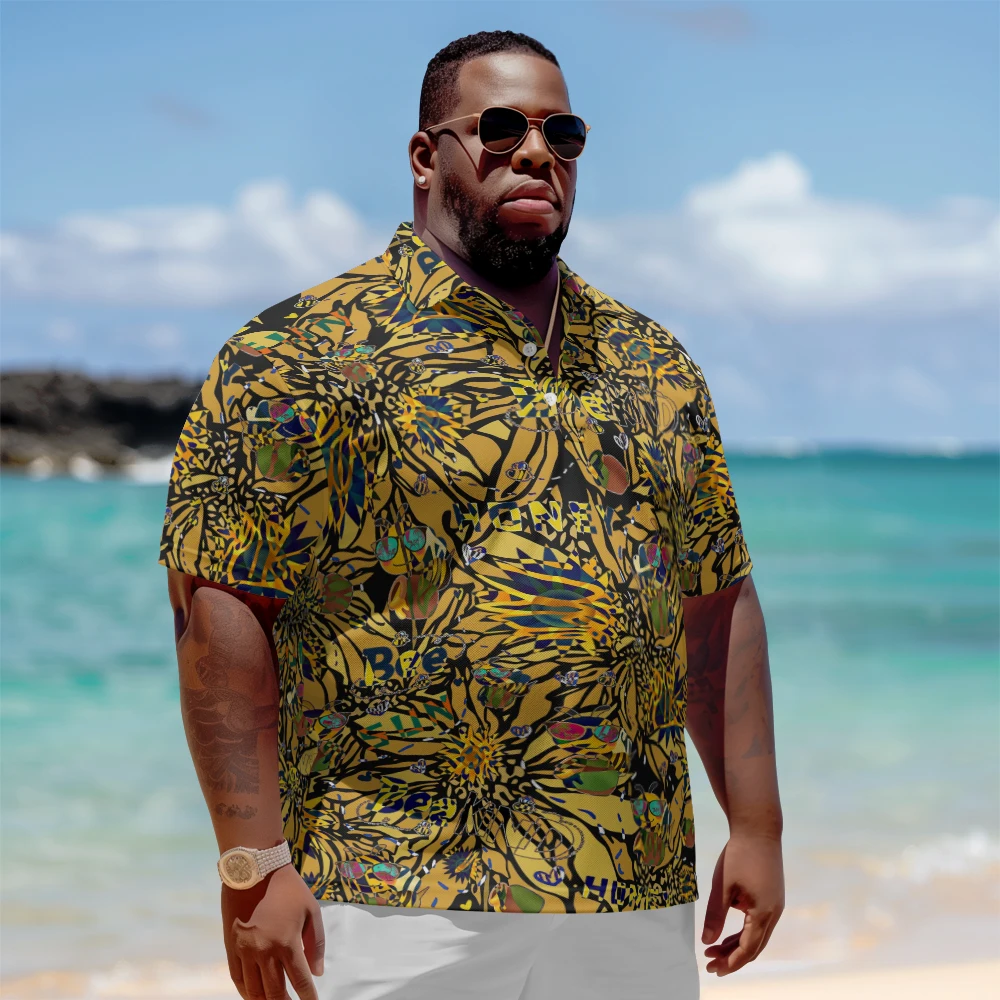 

1 men's plus size polo shirt with summer blooming chrysanthemum print casual lapel button suitable for shopping and golf
