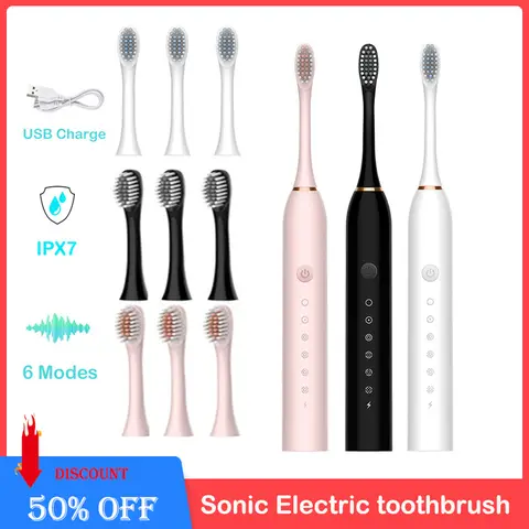 성인 소닉 전동 칫솔 USB 충전식 스마트 타이밍 칫솔 치아 깨끗한 화이트닝 칫솔 교체 헤드