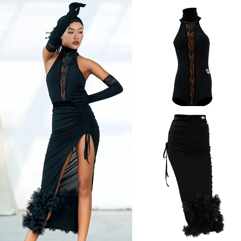 

Modern Dancing Clothes Black Lace Sleeves Top Latin Long Skirt Adults Latin Dance Costume Performance Practice Clothes SL8379