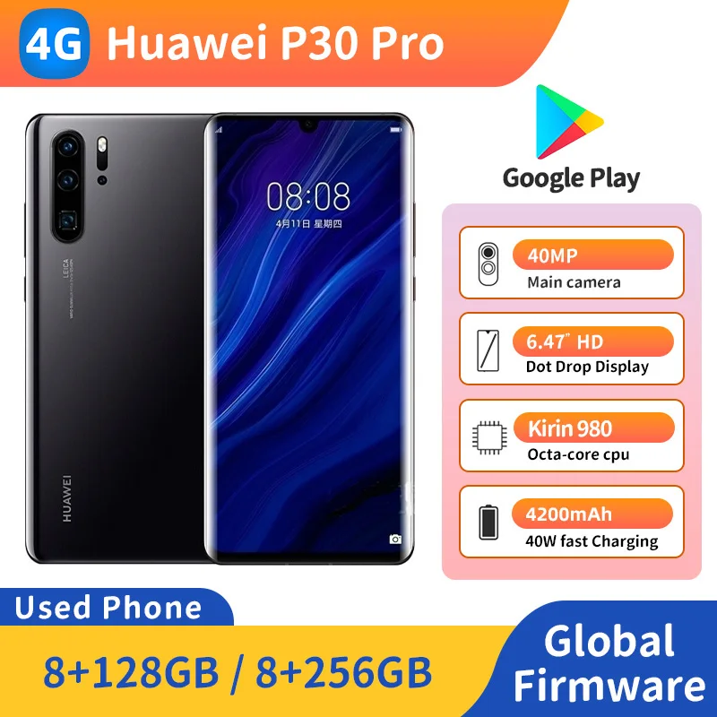 Huawei P30 Pro 4g Smartphone CPU Kirin 980 6.47-Inches 128GB/512GB Google Play Original EMUI Used Phones