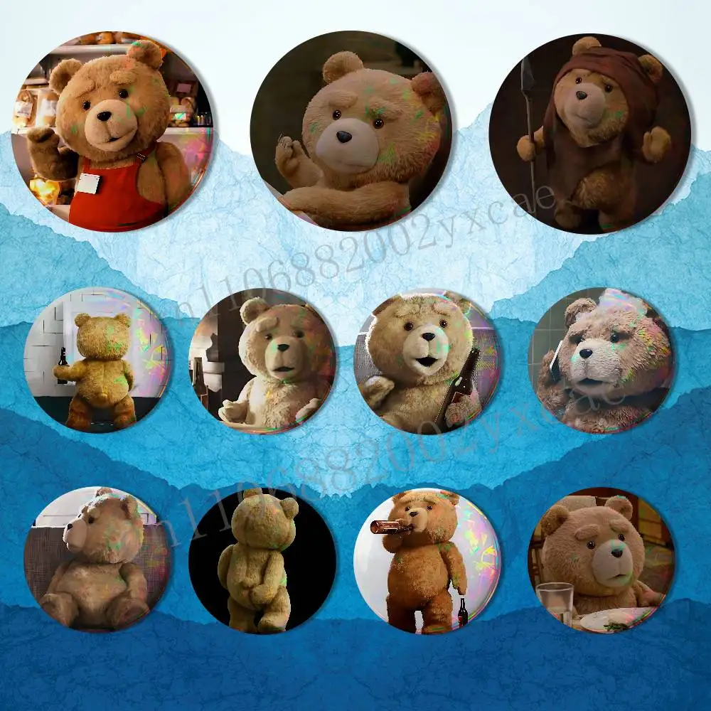 

Movie Cute Ted Bear Laser reflective round badges pins bag clothing decorations collectibles gifts for friends