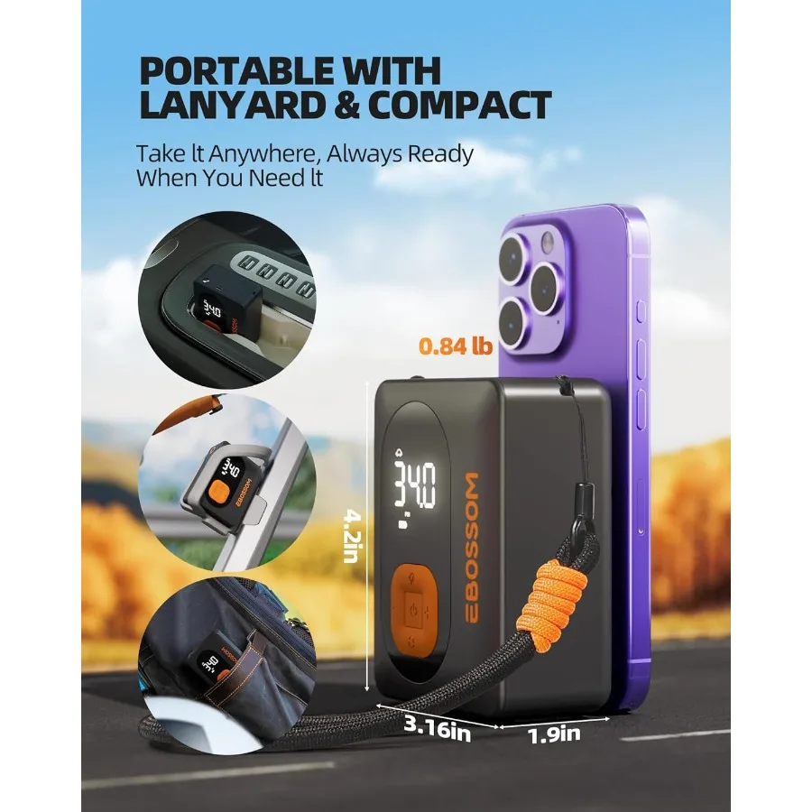 เครื่องอัดอากาศไร้สายแบบพกพาพร้อมจอแสดงผลค่าคู่แบบดิจิตอลและไฟ LED สำหรับเติมลมยางรถยนต์ จักรยาน และรถจักรยานยนต์