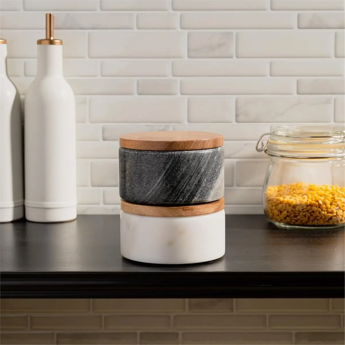 1set Seasoning Jars with Wooden Lids and Spoons, Marble Salt Shakers, and Seasoning Storage Jars-Perfect for Kitchen