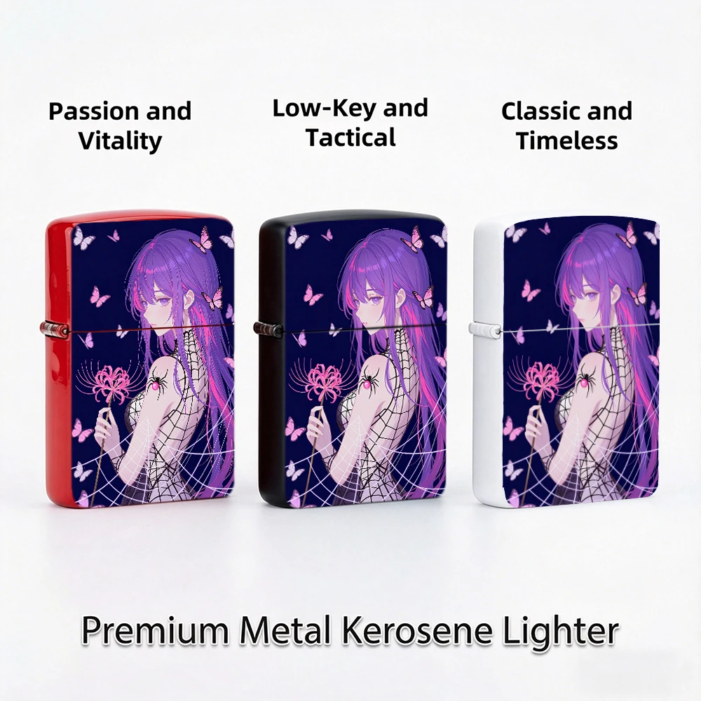 Flip Top Lighter Anime Girl Spider Butterfly Spider Lily Dark Art Pattern lighters vintage lighters for smokers Collectible Gift