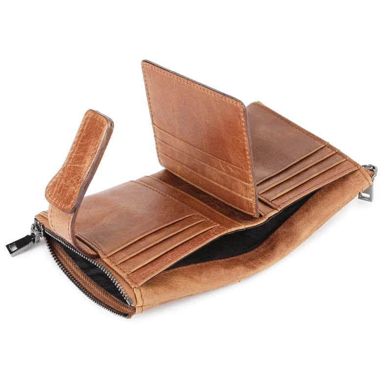 RFID anti-theft zippered snap wallet with multiple card slots, made of top-grain genuine leather with a male anti-theft lock