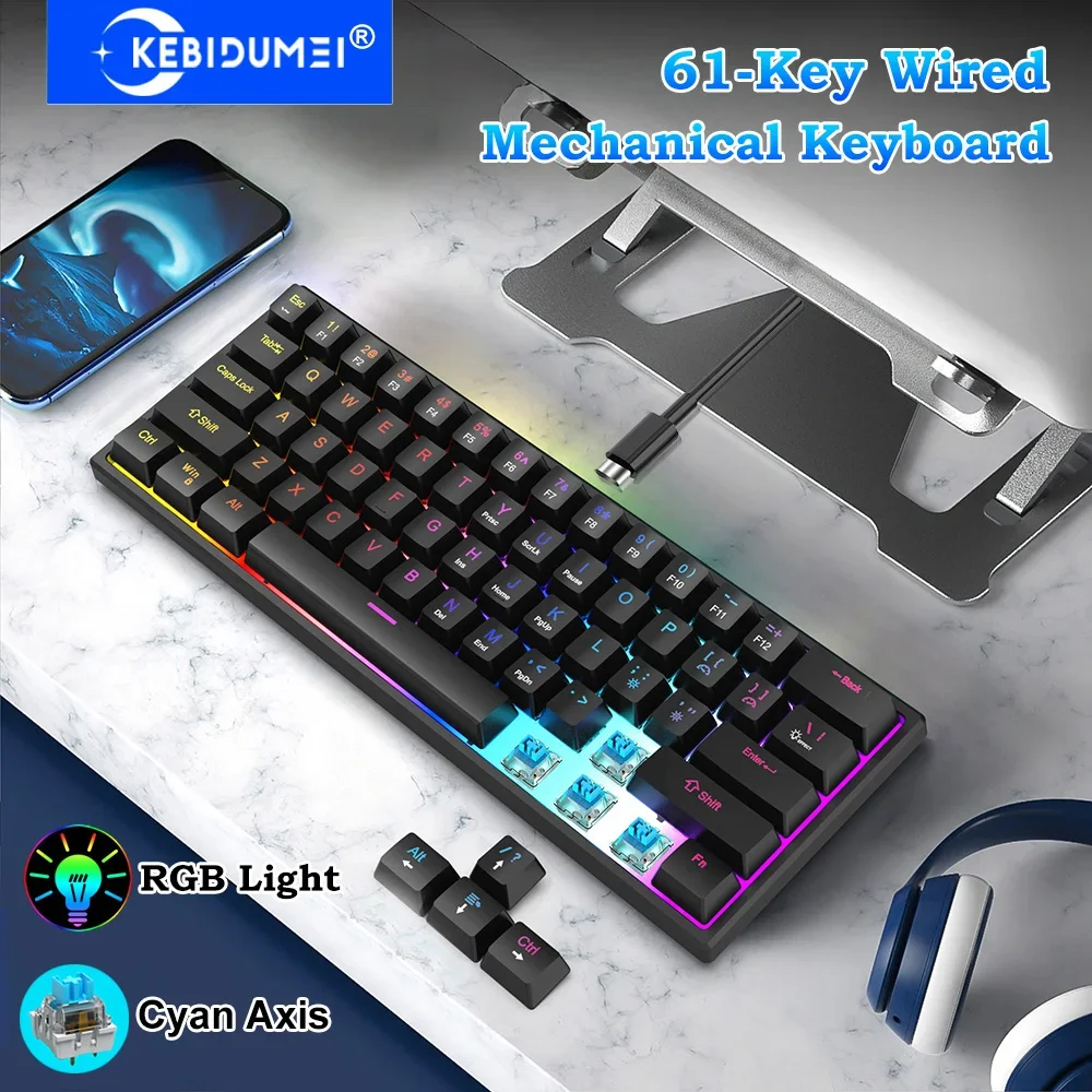 

Wired Mechanical Keyboard Cyan Axis Wired Gaming Keyboard 61 Keys Esports RGB Keyboard Ergonomic Keyboard for PC Laptop Macbook