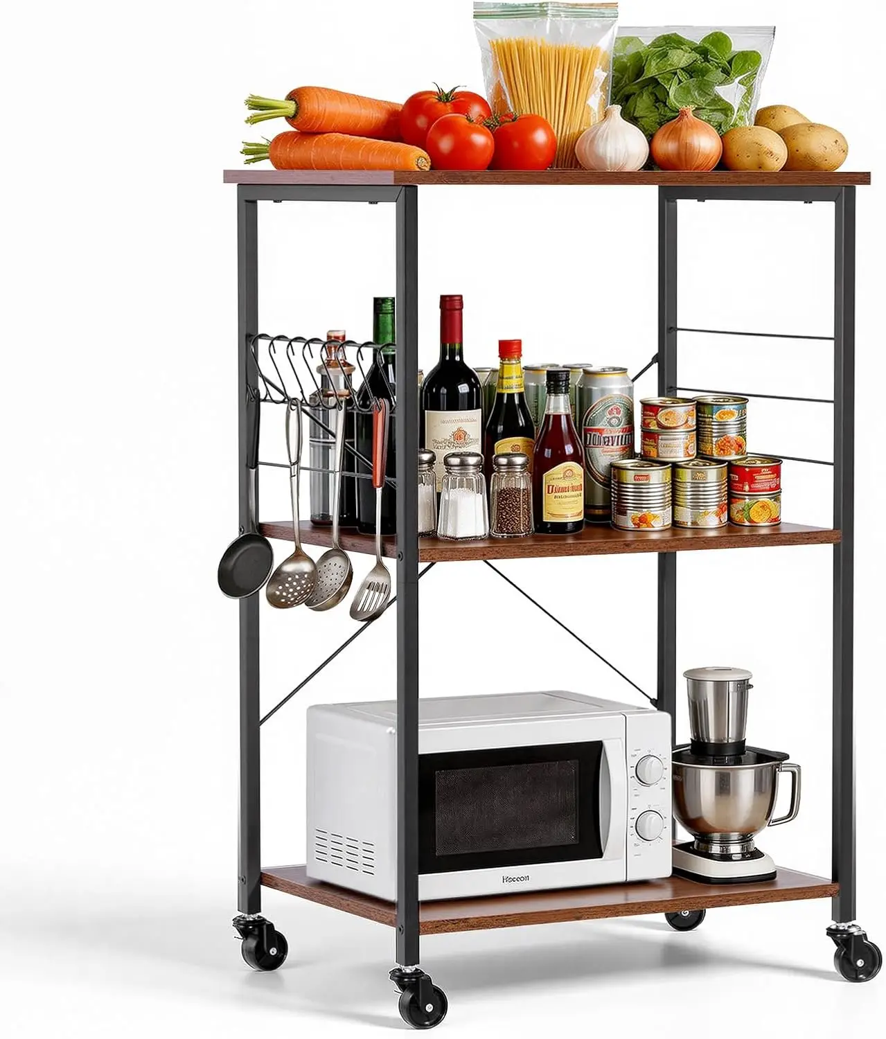 Kitchen Utility Cart, 3 Tier 23.7 in Microwave Stand Coffee Cart, Heavy Duty Storage Rack, Service Trolley on Wheels, Industrial