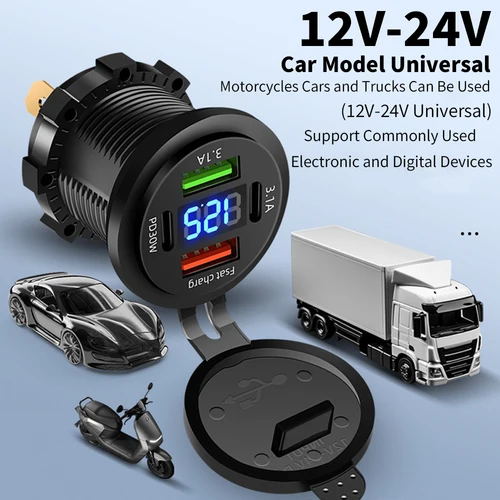 El cargador USB para vehículo de carga rápida con pantalla Digital Dual Pd + Dual Qc3.0 de 48W y cuatro puertos es adecuado para coches, Rv, Suv, barcos y yates