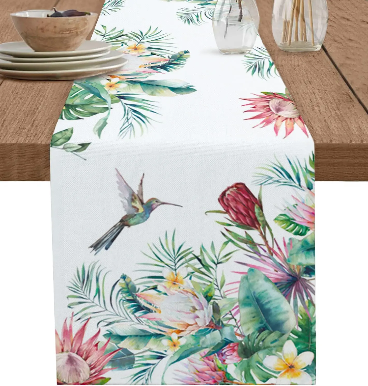 Spring Summer Tropical Flowers Bird Linen Table Runner Dresser Scarf Decor Seasonal Eucalyptus Leaves Table Runners Party Decor