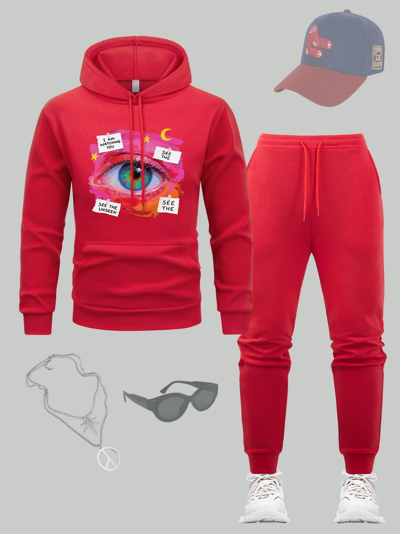 

The Eye Watching You Print Men Hoodie Set Pocket Hip Hop Sweatpants Autumn Fleece Pants All-Match Sport Tracksuit Men'S Sets