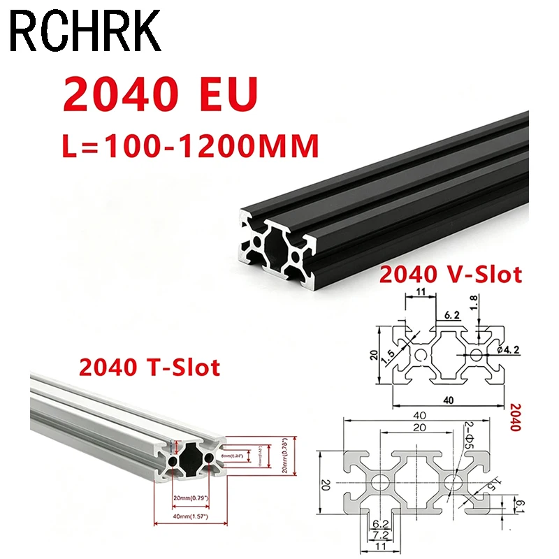 1Pcs 2040 V/T-Slot Aluminum Profile Extrusion 100 200 300 400 500 -1000mm Aluminum Extrusion Rail 20x40mm for DIY 3D Printer CNC