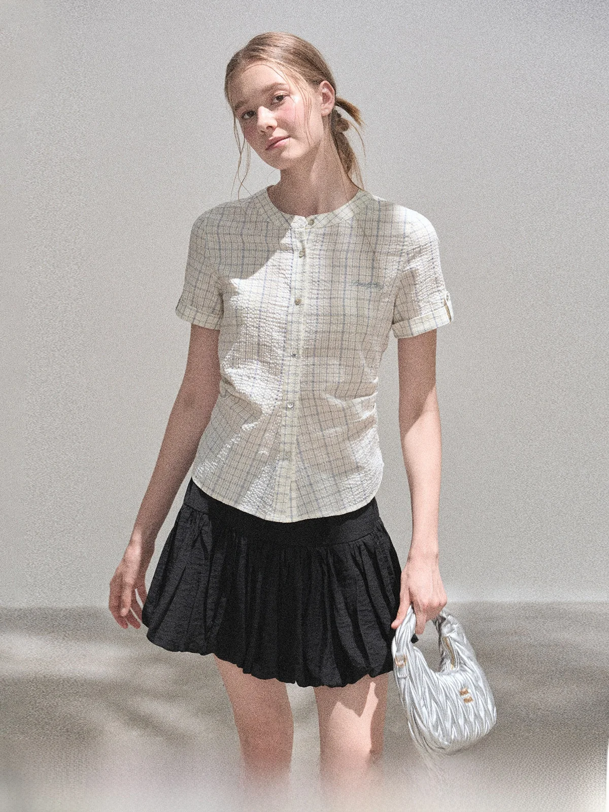 

Slim Fit Women's irt Summer New Sle Folded Waist ort Sve round Ne Plaid Pattern Commute Sle Cotton 00%