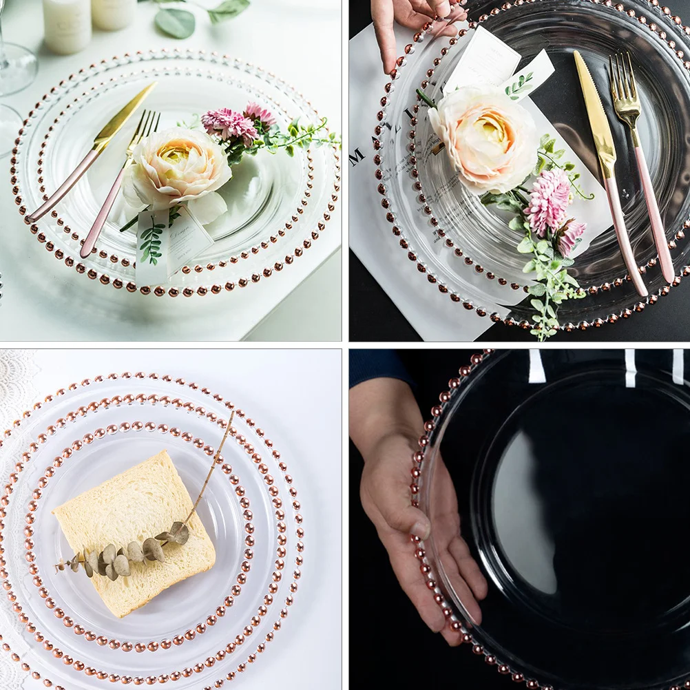 

1Pcs Rose Gold Beaded Glass Plate Premium Clear Salad Steak Tray Transparent Dinner Food Plate Glass Salad Plates