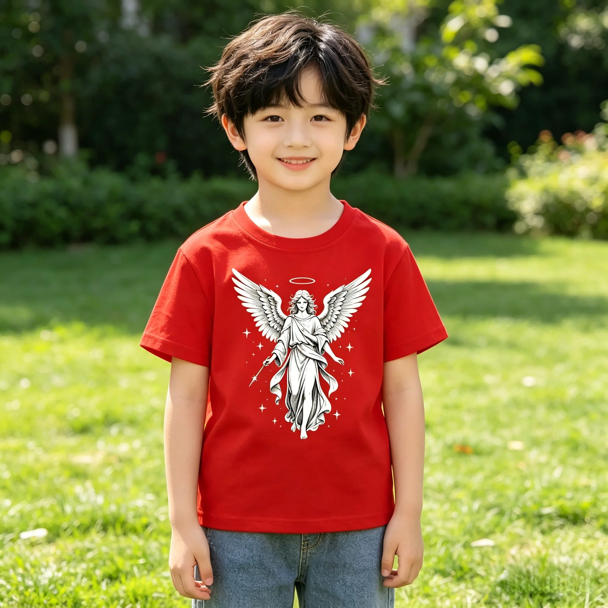 Cute Angel Print Kids Casual Short Sleeve T-Shirt Cotton Soft Breathable Machine Washable for Outdoor Sports Daily Play