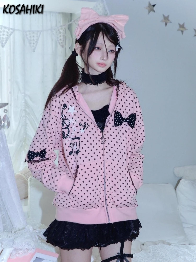 

Pink Polka Dot Y2k Aesthetic Hooded Coats Women Harajuku Kawaii Cute Bow Jacket Preppy Style Casual Loose Lace Patchwork Coat