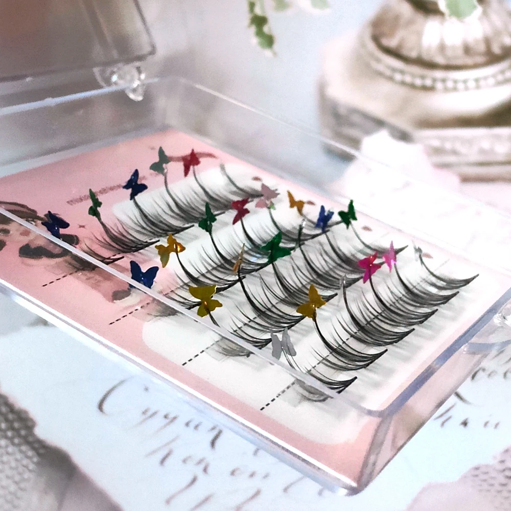 Natural Soft Segmented DIY Handmade False Eyelashes With Butterfly Glitter Shinny Fake Eyelash Cosplay Fairy Eyelash Extension