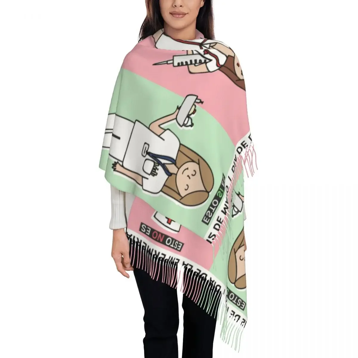 Stylish Enfermera En Apuros Cartoon Doctor Nurse Tassel Scarf Women Winter Warm Shawl Wrap Ladies Scarves