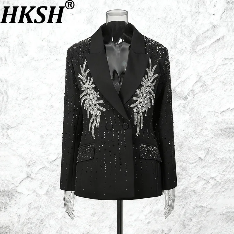 

HKSH Spring Autumn New Women Blazer Beaded Sequined Studded Diamonds Double Breasted Slim Fit Elegant Luxury Trendy Coat HK17096