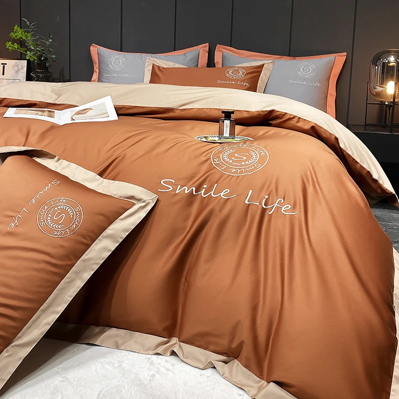 

Egyptian Cotton Bedding Sets Luxury Wide Edge Embroidery Duvet Cover Set Bed Linen Sheet Pillowcases Solid Color Mattress Cover