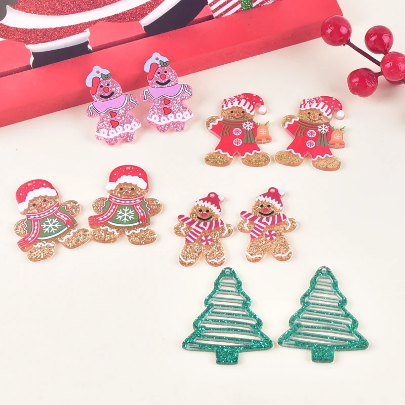 10pcs Gingerbread  Christmas Tree Snowman Christmas Acrylic Charms Pendant for Women DIY Jewelry Making