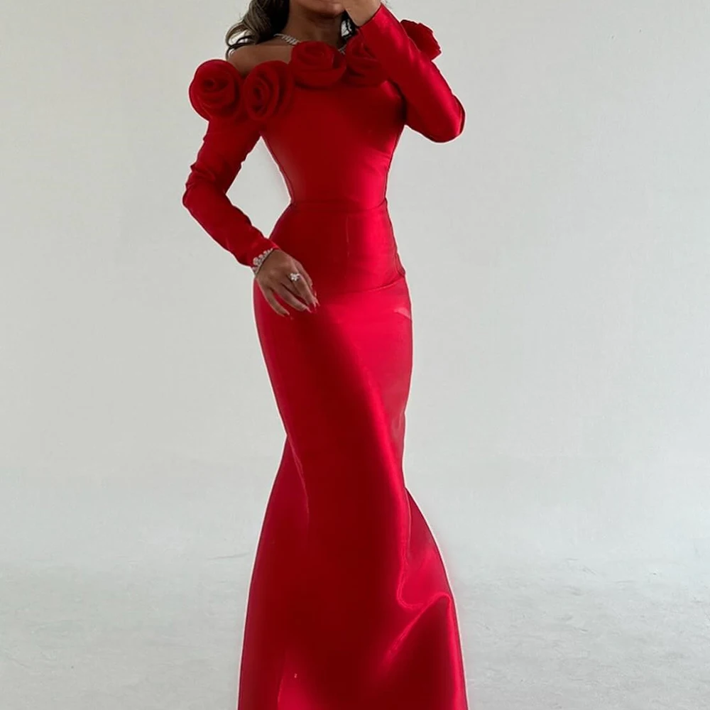 Robe de Soirée en Satin Rouge Sirène Élégante Personnalisée à Manches sulf, Fleurs 3D, Arabie Saoudite, 2025