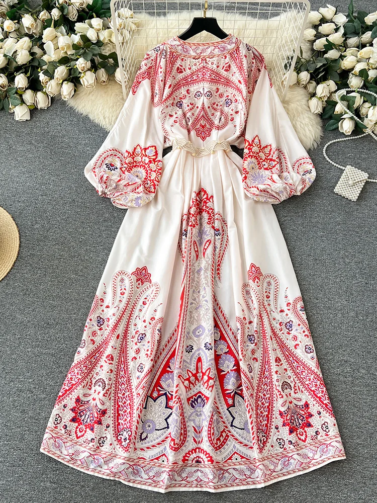 Robes longues bohèmes pour femme 2023 mode col en V à manches longues élégante robe maxi de soirée tresse ceinturée robe boho imprimée vintage