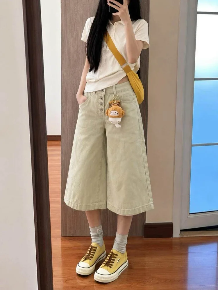 Summer Women's Single Breasted Design Shorts Street Cool Girls Calf-length Trousers High Waist Pants Female Wide Leg Streetwear