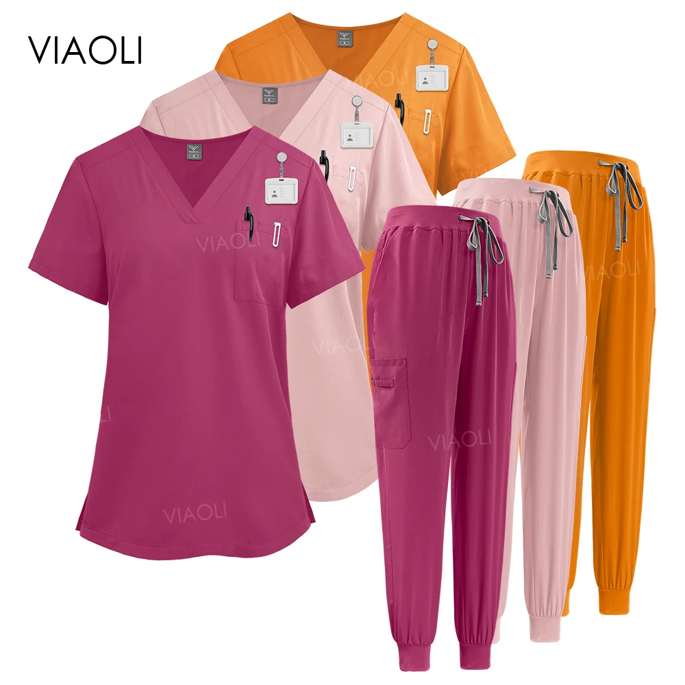 Feminino manga curta Top e calças de corredores terno, uniformes médicos, esfrega, Dental Hospital Enfermeira Vestuário, Atacado, Conjunto de enfermagem clínica