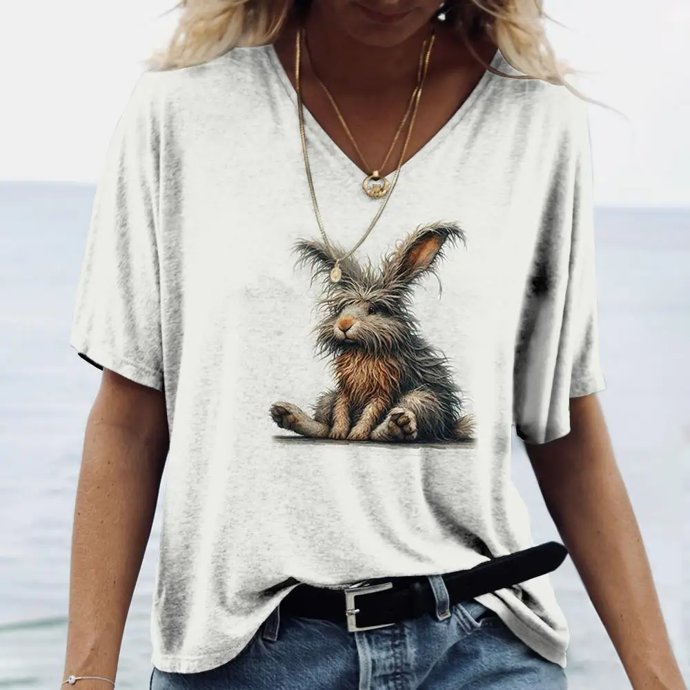 Women's T Shirt For Summer Animal Print Casual Short Sleeve Rabbit T-Shirts Female V-Neck Oversized Clothing Fashion Pullover