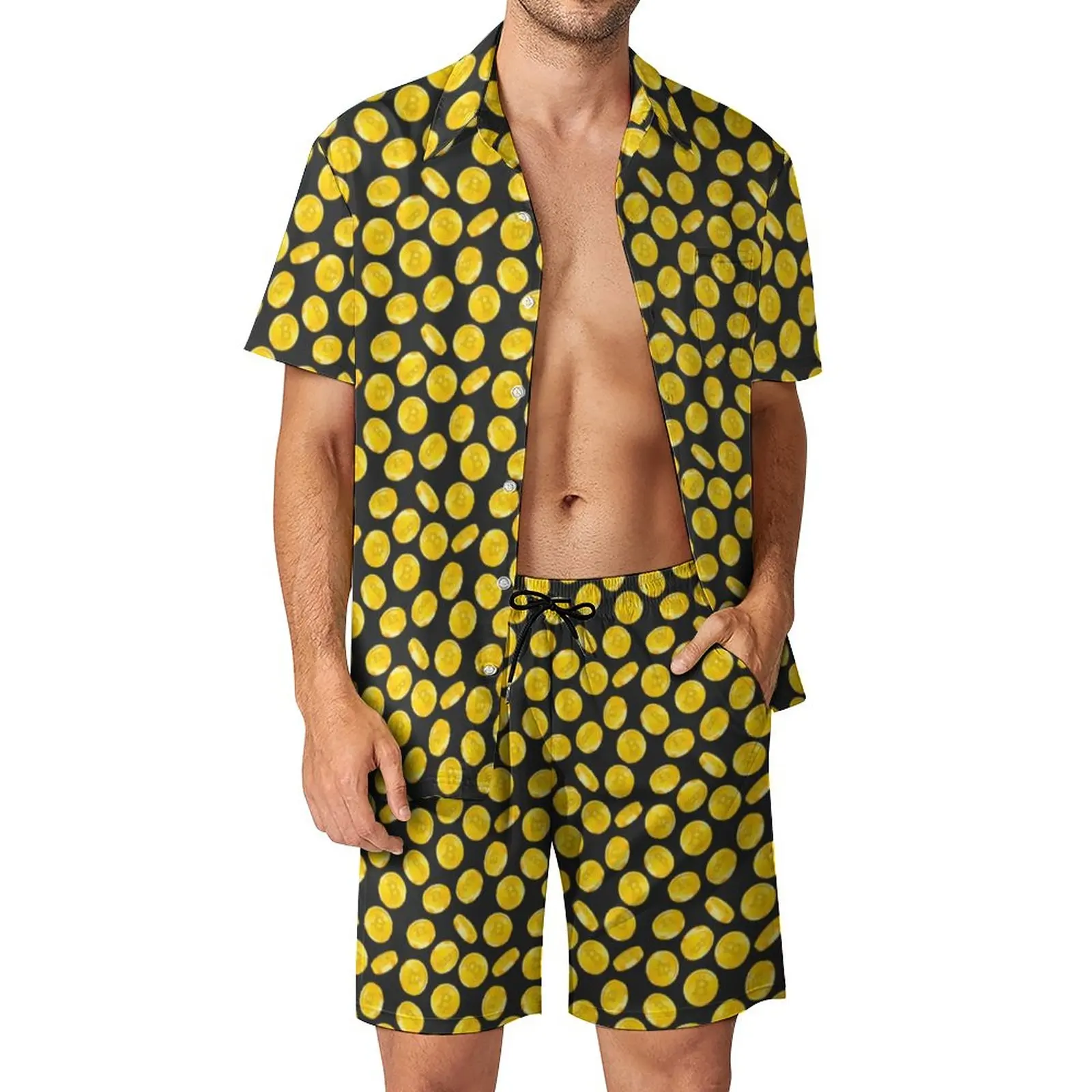 

Yellow Bitcoin Print Outdoor Men Sets Crypto Currency Casual Shirt Set Summer Shorts 2 Piece Vintage Suit Plus Size