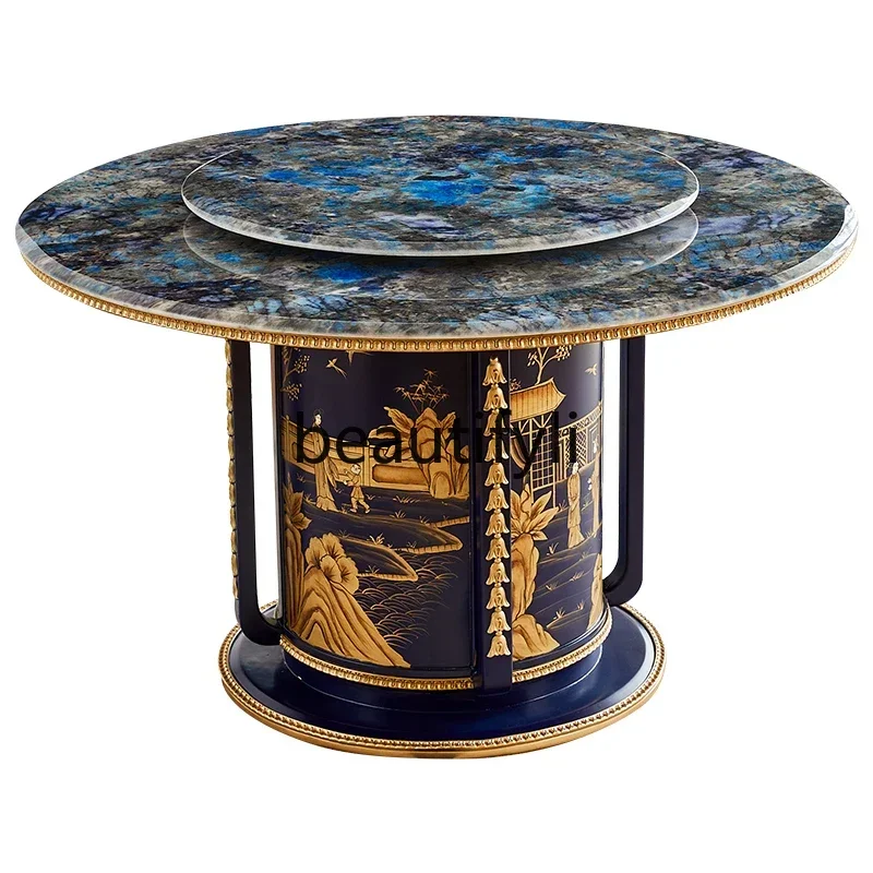

French Chinese style large apartment round hand-painted blue solid wood rotating dining table and chairs4593