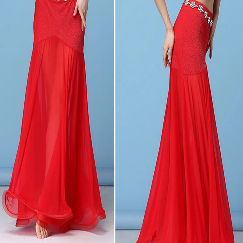 Srebrna spódnica do tańca brzucha z siateczki, kostium dla tancerki, strój tribal, długa spódnica maxi, pełny okrąg, jednolity kolor, odzież taneczna, czarna, czerwona, rozmiar XL, dla dorosłych.