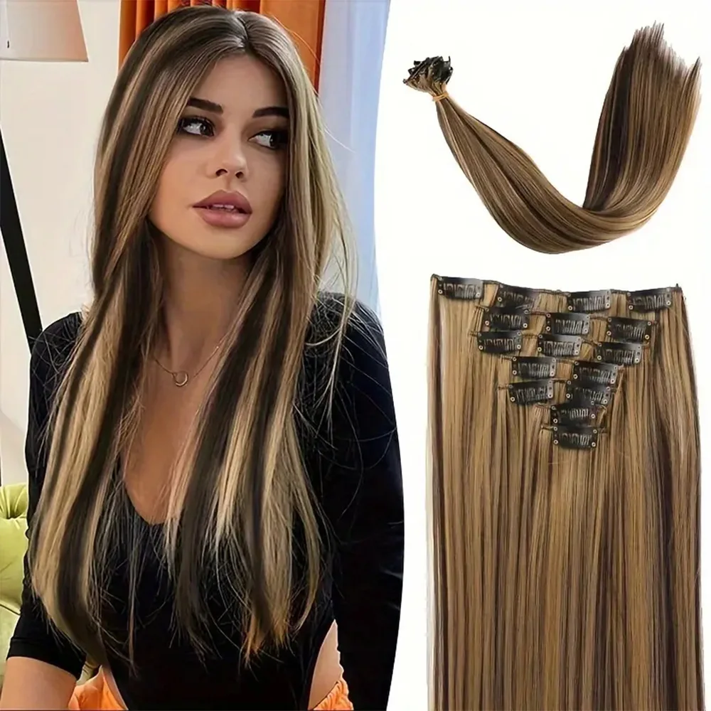 

Synthetic Clips in Hair Extensions Long Straight Hairstyle Blonde Black Hairpieces Heat Resistant False Hair 22Inch 7PCS/Set