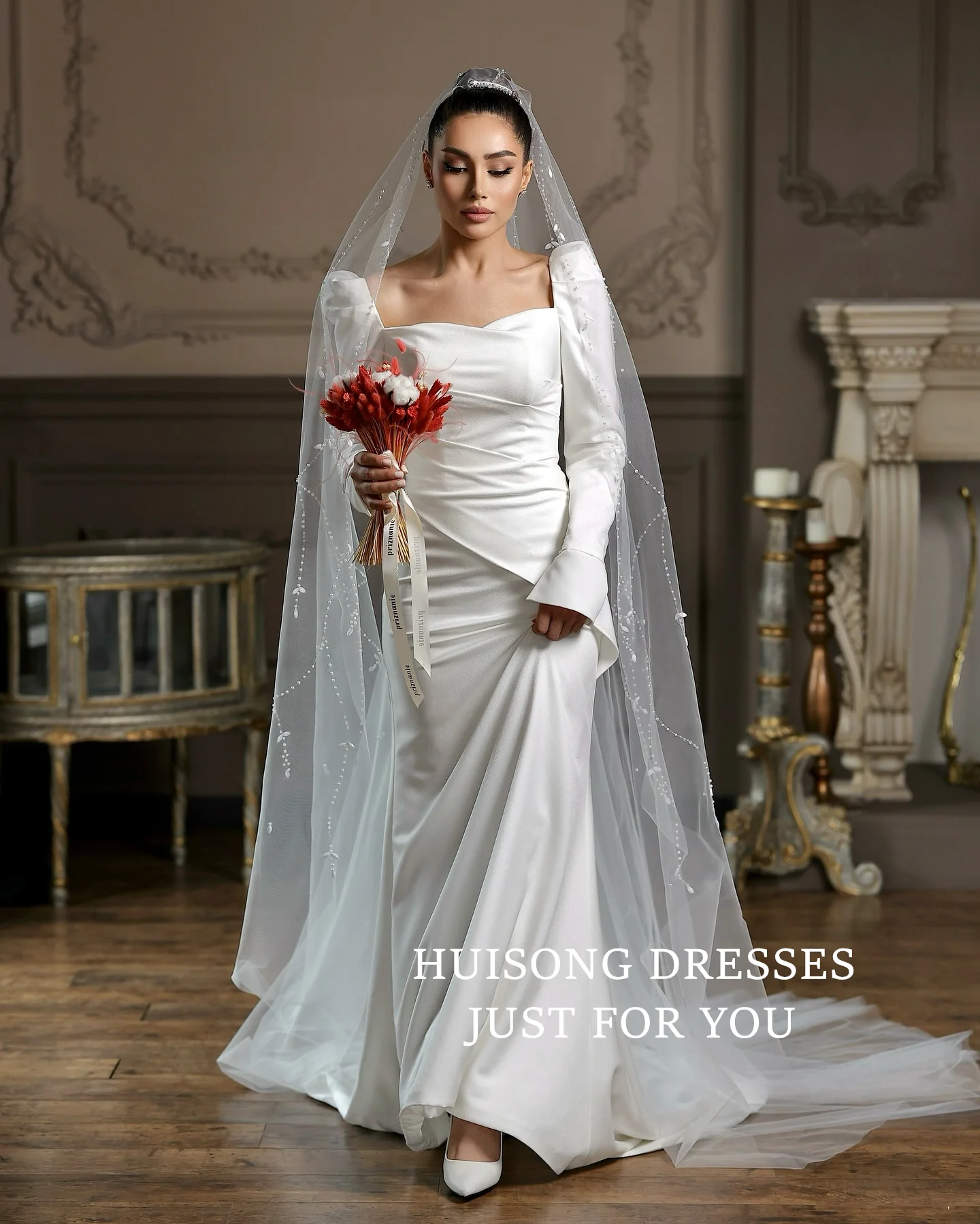

HUISONG Customized Modest Satin Mermaid Wedding Dresses Long Sleeves Muslim Bride Dress Long Wedding Gown
