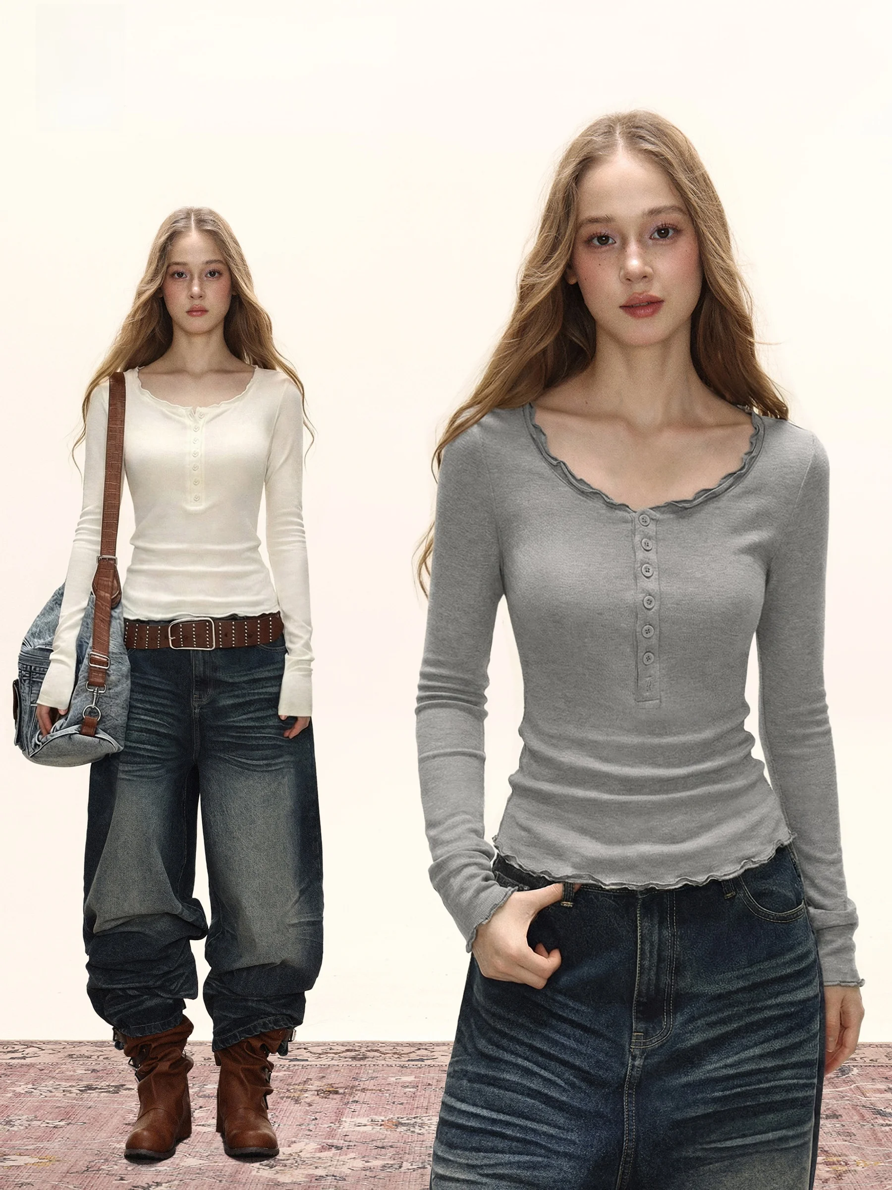 

November Korean Style Long Sleeve T-Shirt Women's Slim Fit Base Layer Top Wooden Design Casual Daily Pure Color Spring