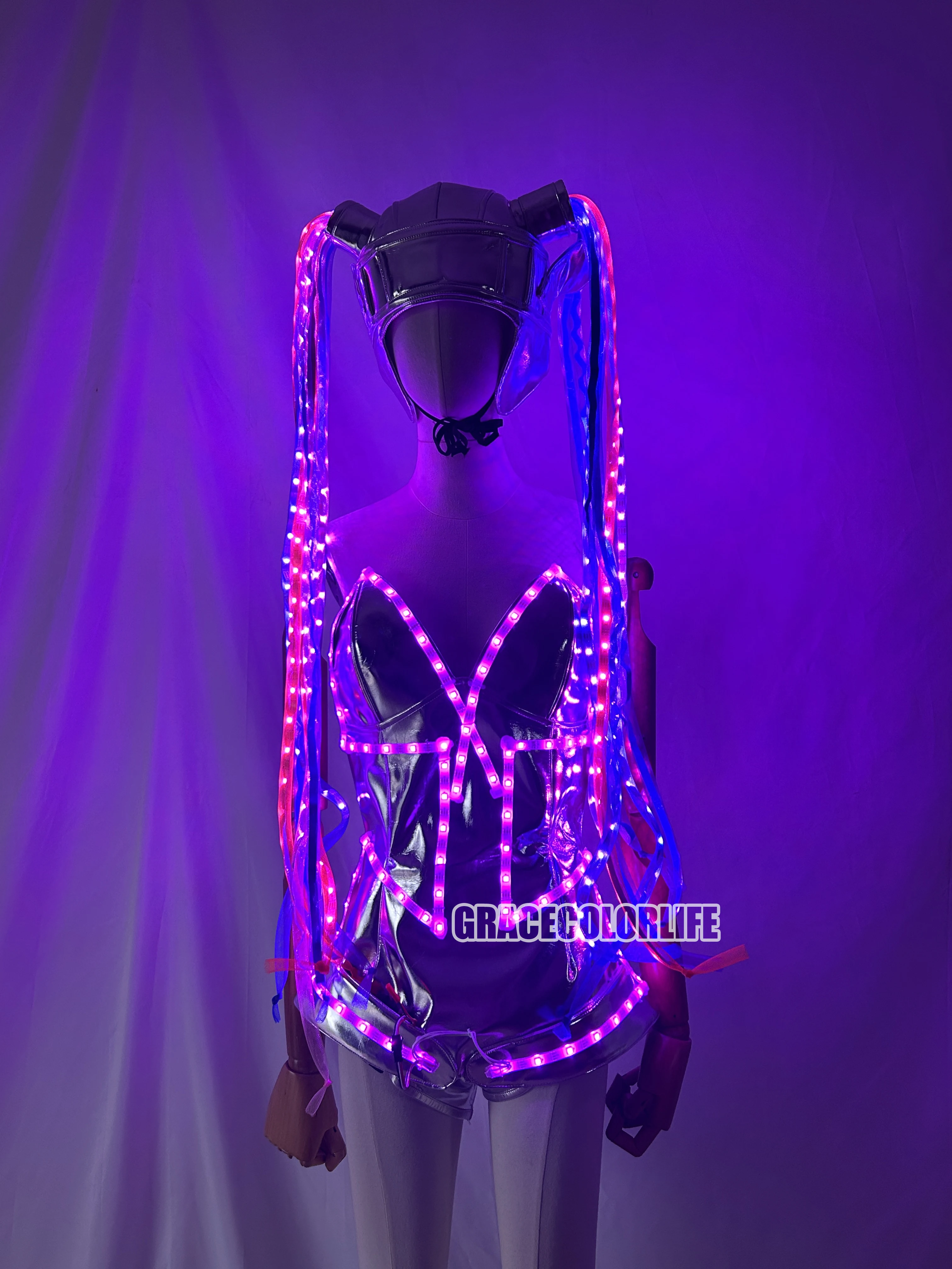 كامل اللون LED بذلة المرأة زي الخيال مضيئة الضفائر الطويلة حفلة تنكرية المرحلة DS أداء الملابس بار DJ ازياء