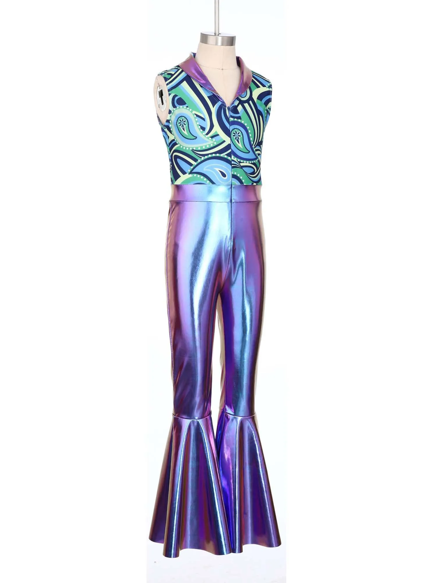 Kids Boys Shiny 70s Disco Flared Jumpsuit Halloween Print Hippie Costume Metallic Bell Bottom Pants Jazz Dance Rompers Dancewear